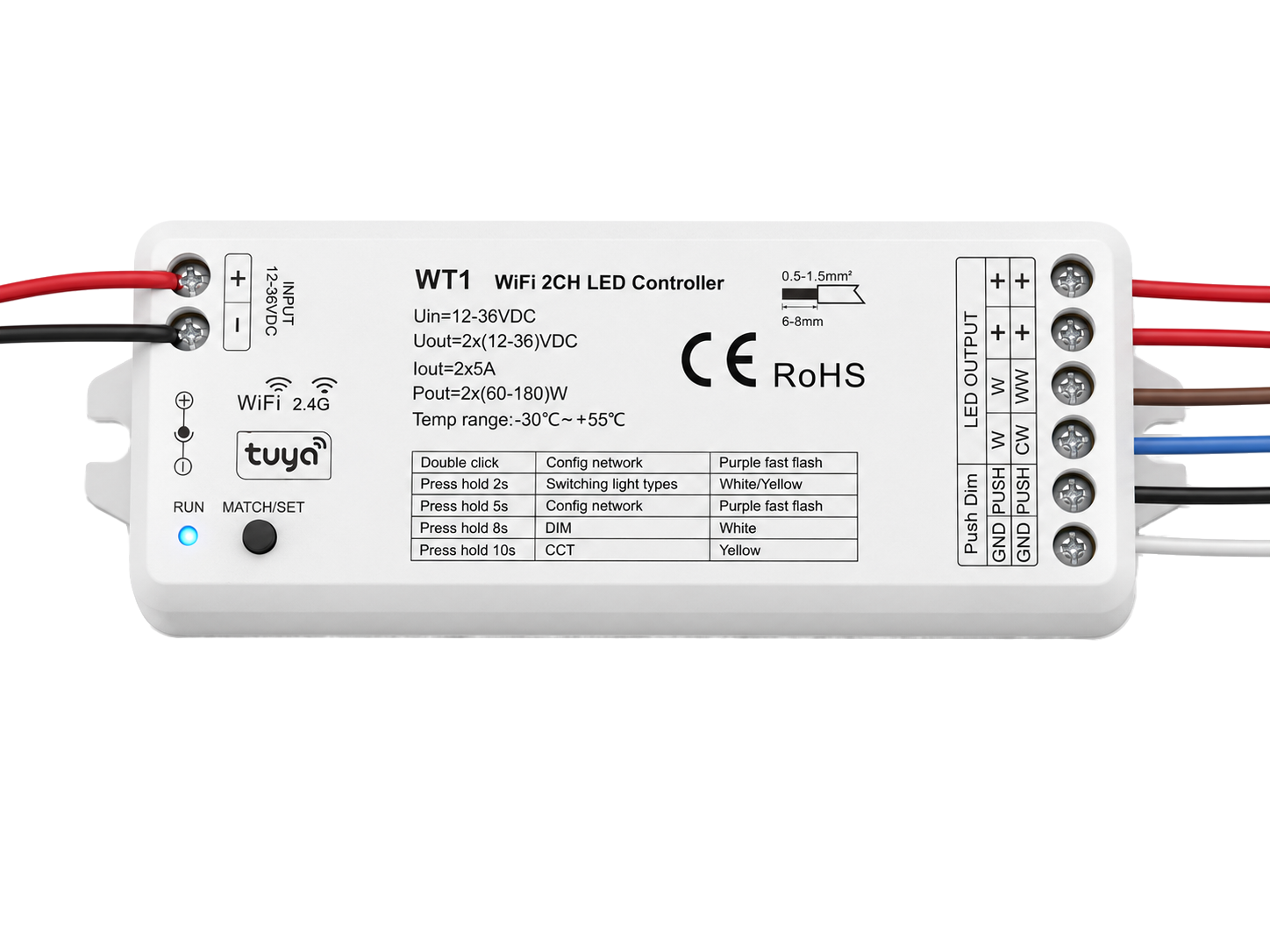 Detail svorkovnice a výstupů LED ovladače WT1 pro připojení pásků